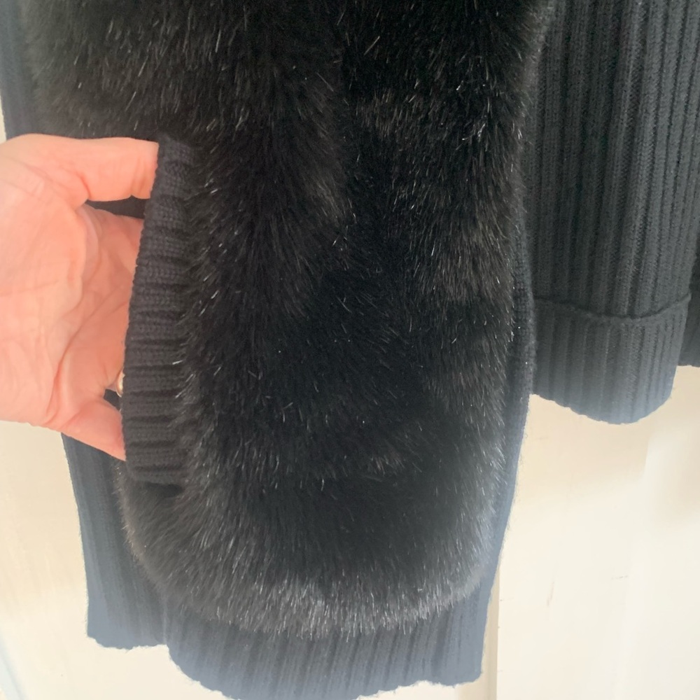 Jones NY Signature Black 100% Merino Wool Faux Fur Zip Up Sweater Jacket Sz L - Picture 4 of 7